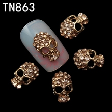 10 Pcs Lot Manicure Rose Gold Alloy Rhinestones Skull For Nails Strass Halloween Skeleton Charms 3D