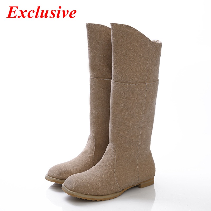 Low-heeled High Boots 2015 Nubuck Leather Long Boots Winter Short Plush Slip-On Woman Shoe Plus Size Low-heeled High Boots