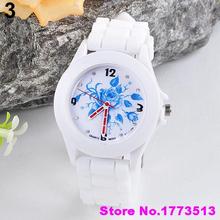 Newest Women s Geneva Flowers Printed White Silicone Band Analog Quartz Wrist WatchPopular Product 4KNY