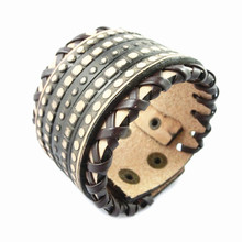 2015 Luxury design ! Genuine leather charm bracelet fashion leather jewelry wide grid punk style men bracelet free ship NSL-123