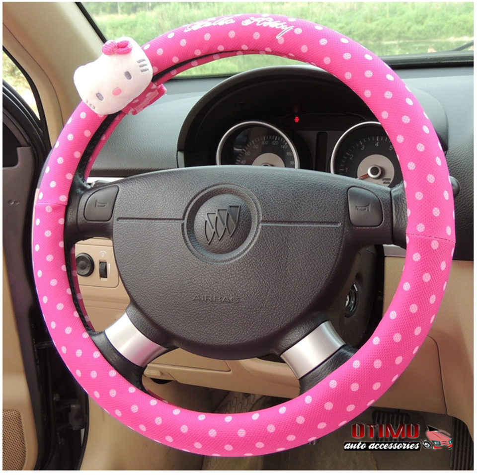 Car Styling Hello Kitty Car Steering Wheel Cover Cartoon Cute Pink Hello Kitty Profile Universal Interior Accessories Set Women lady