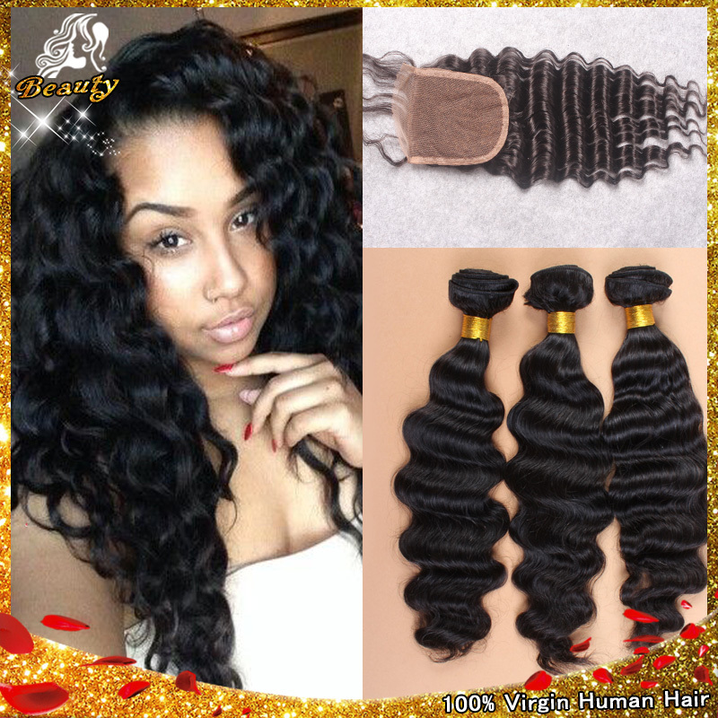 Unprocessed Peruvian Deep Wave With Closure Virgin Human Hair Weave With Closure 3 Hair Bundles With