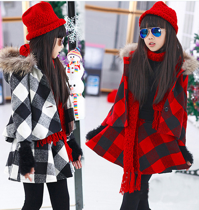 2015 new European and American children girls winter plaid two-piece suit big virgin child woolen jacket