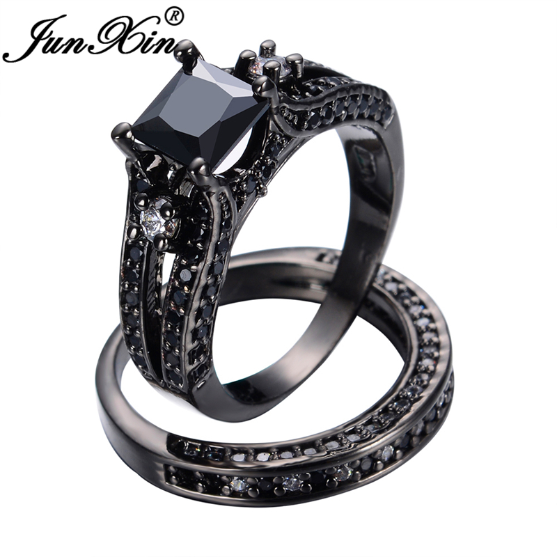junxin vintage engagement jewelry 2 pcs princess cut 10kt black gold filled black cz stone women men wedding ring sets bijoux - Womens Black Wedding Ring Sets junxin vintage engagement jewelry 2 pcs princess cut 10kt black gold filled black cz stone women men wedding ring sets bijoux - Womens Black Wedding Ring Sets