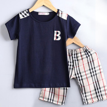High quality 2pcs boys clothing set summer style 2015 new brand short sleeve t shirt plaid