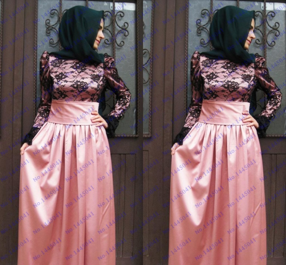 cheap-long-pink-prom-dresses-long-sleeve-black-lace-dubai-kaftan-abaya ...