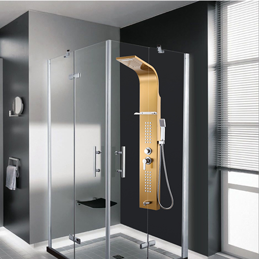 Top grade Bathroom 0.8mm Thickness Stainless Steel Rainfall Shower Panel Rain Massage System Faucet with Jets Hand Shower Rack