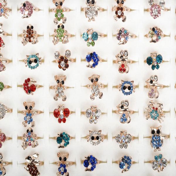 Wholesale Mix Lot 10pcs Cartoon Crystal Rings for Kids Girl Boy Mix Styles Colorful Crystal Gold