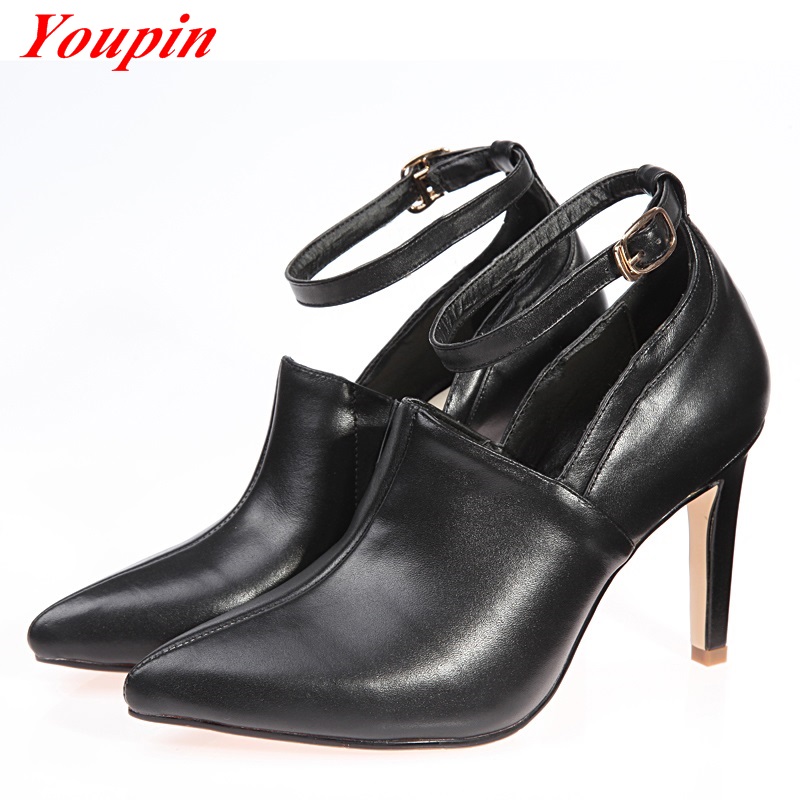 Leather Ankle Boots Deep Mouth 2016 Full Grain Leather Office Lady Outdoor Beach Party Pointed Toe Thin Heels Pumps Nude/ Black