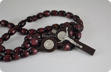 NEW dark Brown wood Rosary Beads Saint Benedict Medal INRI JESUS Cross Pendant Necklace Catholic Fashion