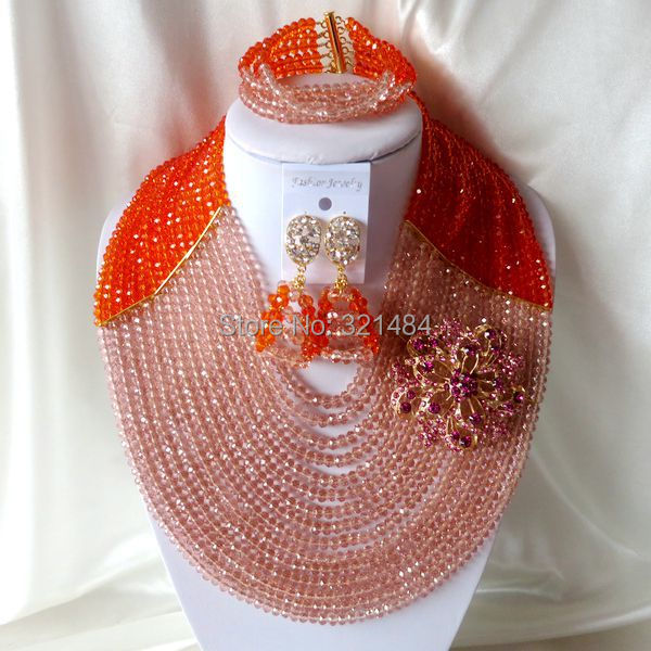Fashion luxury Nigerian African Wedding Beads Jewelry Set 15 layers Orange Peach Crystal Necklaces Bracelet Earrings CRB-1079