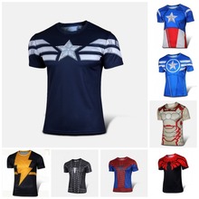 NEW 2015 Marvel Captain America 2 Super Hero lycra compression tights sport T shirt Men fitness clothing short sleeves S-XXXXL