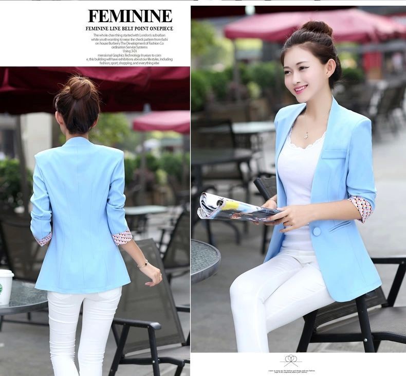 2015 New Women\'s Blue Blazer Summer Office Wear Purple Suit Sexy V-neck Color Patterns Stitching Sleeve Casual Blazer 6 Color 11