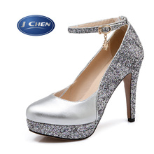 Free shipping 2016 spring/autumn buckle strap glitter silver thin high heels woman shoes waterproof pumps woman shoes