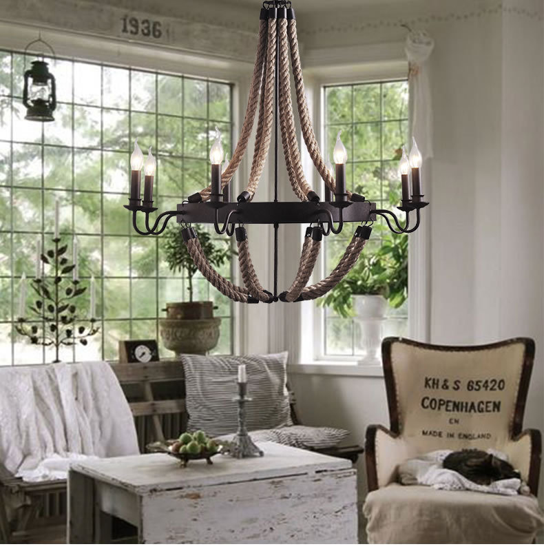 Iron Chandelier  Nordic Ikea dining Hemp vintage  chandelier Vintage Creativity Wrought Rope