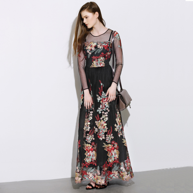 2015 Fall Brand Designer Runway Long Dress Women Luxury Flower Gauze Embroidery Long Sleeve Maxi Dress Vintage Long Party Dress