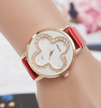 Moda marca Women Watch con cuatro trébol de la hoja para Mujer Rhinestone correa de cuero reloj de cuarzo Relojes de vestir Relojes Mujer 2015