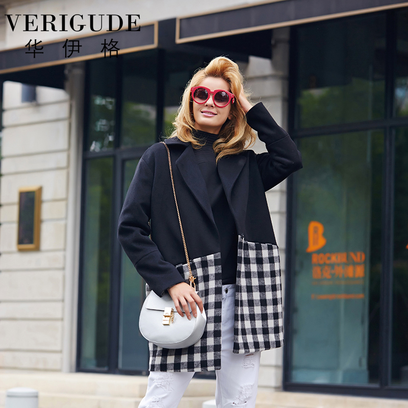 Veri Gude 2015 New Arrival Women's Plaid Woolen Coats Long Style Loose Waist Contrast Color Patchwork