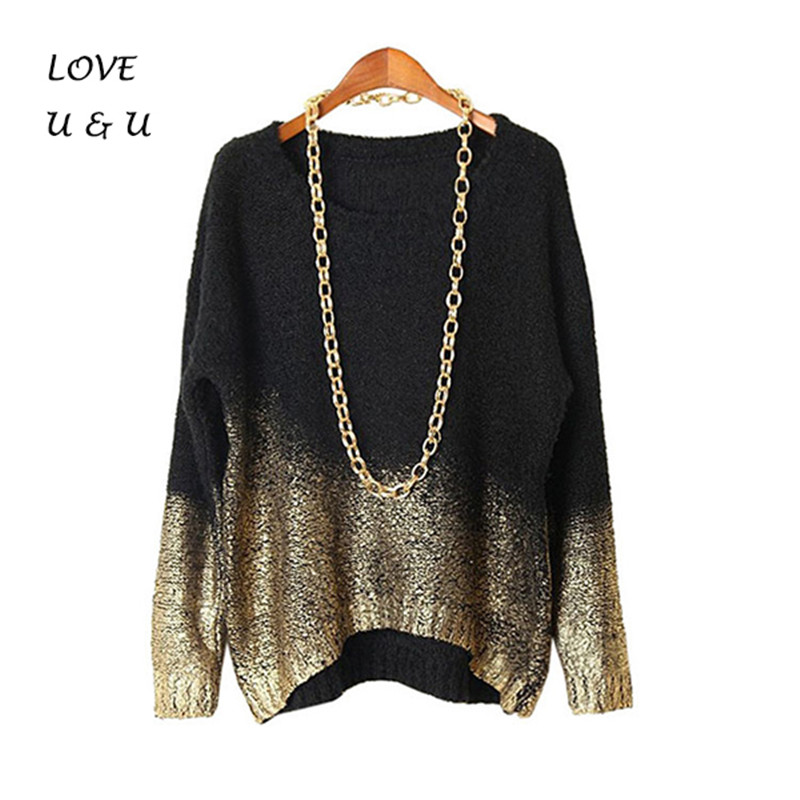 Pullover hot sweater women\'s chandail femme big black gold sweater female head round neck loose big yards sweater tide bronzing