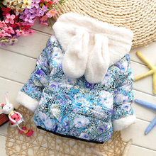 2015 girls warm coat baby winter long sleeve flower jacket children cotton padded clothes kids christmas