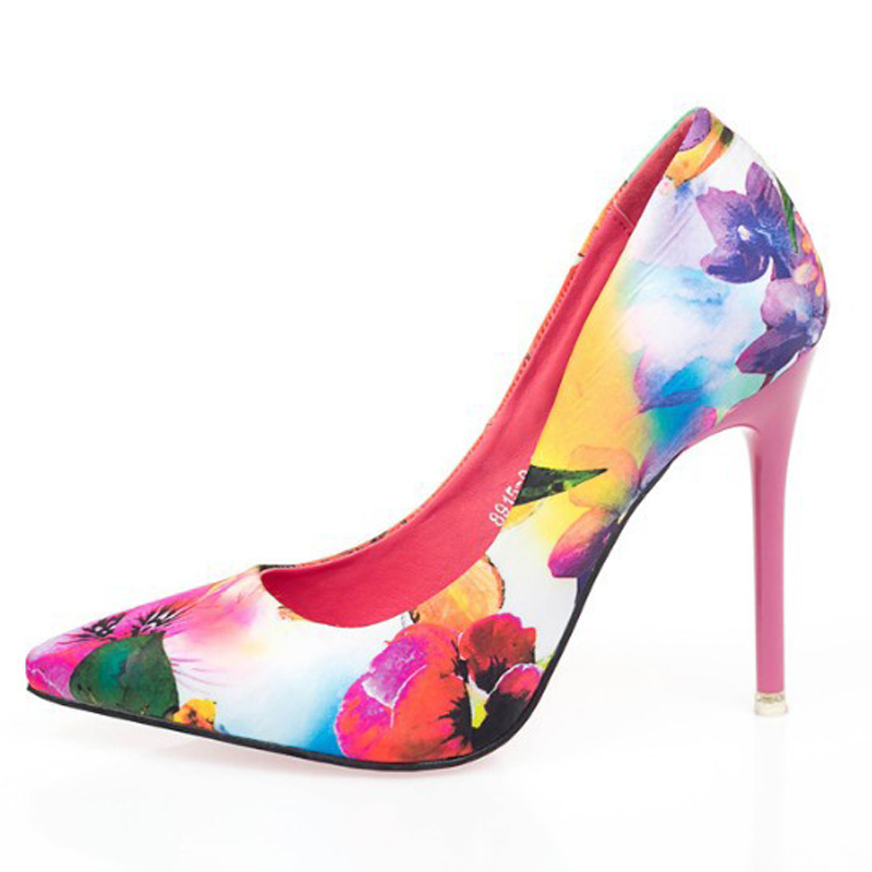 Women summer spring satin new thin high heels hot sale printing flowers classic high quality pointed