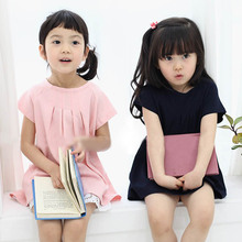 Children Kids Girls Short Sleeve One Piece Dress Casual Solid Color Dress 2-7Y