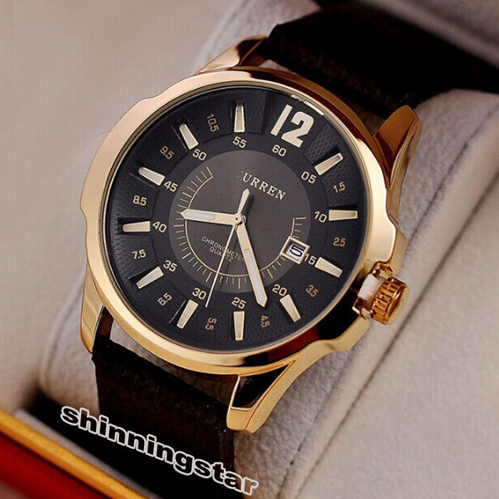 Free shipping Men Date Round Dial Chronometer Sport Leather Band Quartz WristWatch relogio masculino