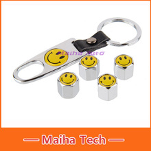 Beautifull Silver Car Tyre Tire Valve Stem Cap Smile Logo Emblem Air Dust Covers+Tool Wrench Keychain For VW BMW Toyota