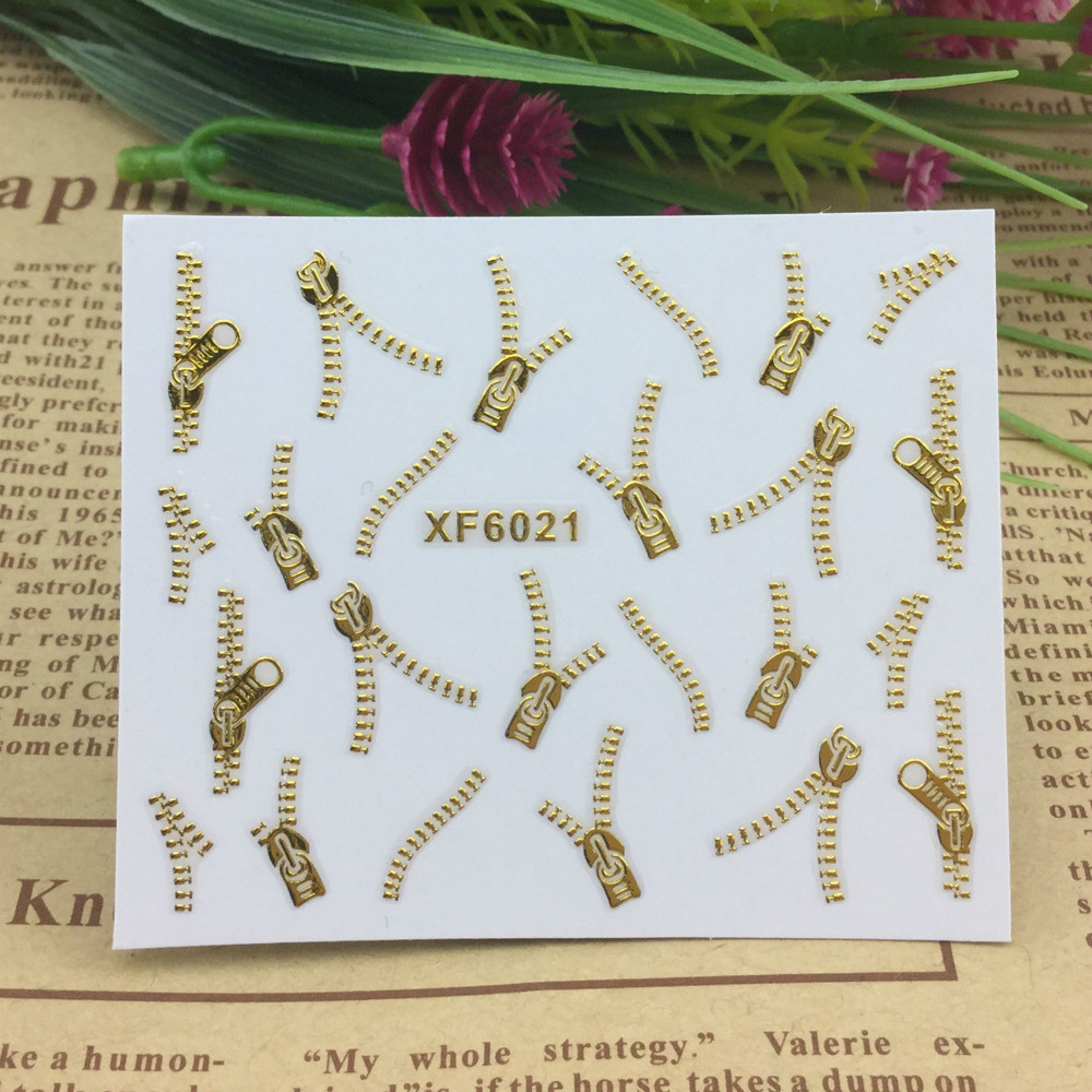 1 Sheets Fashion 3D DIY Gold Zipper Design Nail Art Sticker Decal Manicure Nail Tools XF6021