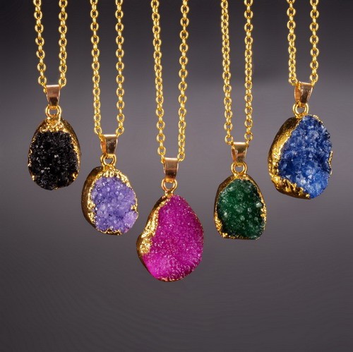 2015 New Fashion Colorful Quartz Natural Stone Irregular Round Druzy Drusy Agate Gold Plated Women Pendant