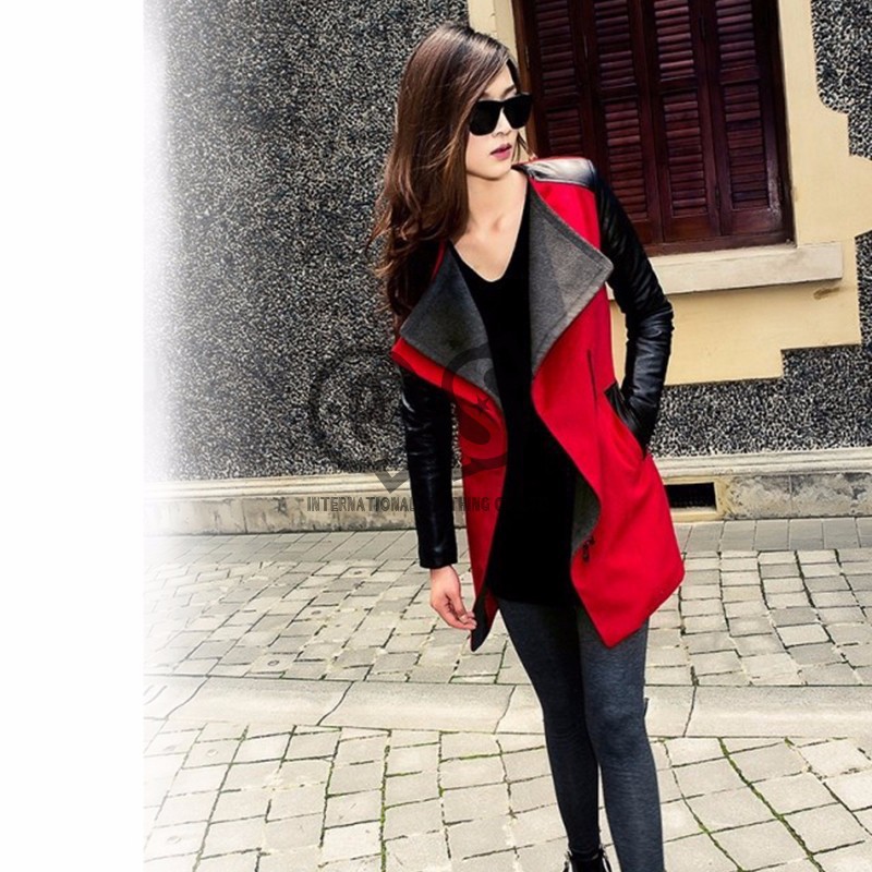 High-Quality-Autumn-Winter-New-In-Black-Navy-Blue-Red-Contrast-PU-Leather-Sleeve-Zipper-Woolen