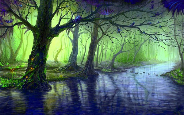 [C.T] Eight Magia-floresta-encantada-Blue-Stream-4-Size-decoração-de-casa-lona-impressão-do-Poster