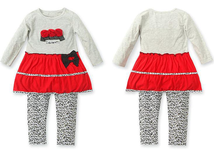 2014 New autumn baby girl suit cotton long sleeve rose bow t shirt + leopard pants 2pcs set kids girls clothing set 5set/lot