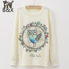 2015 Women Sweater Warm O Neck Sweaters Pullover Casual Long SleeveCarton Cute Little Owl Knitwears Simple Style Ladies Jumpers