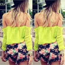Summer Style 2015 Women Chiffon Blouse Off The Shoulder Ladies Sexy Backless Blouses Women Slash Neck Casual Tops Yellow 24