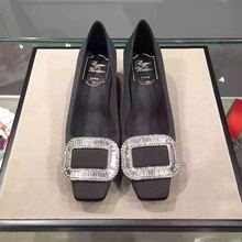 Rv high-heeled shoes red wedding shoes rv satin fabric rhinestone shallow mouth side buckle square toe women’s shoes thick heel