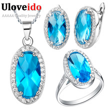 Uloveido Silver Crystal Wedding ceremony Jewellery Set with Blue Stones Titanium Necklace Ladies Earrings Ring Bridal Jewellery Set Retro T010