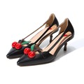 2017 Summer Women Med Heels Genuine Leather Sandals Cute Cherry Shoes Slip on Bamboo Sandals Elegant
