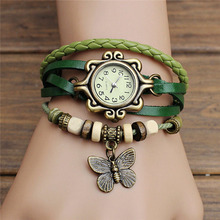 Lackingone 2015hot sale fashion relogio feminino leather women Vintage Hand Knit bracelet watch butterfly pendant quartz