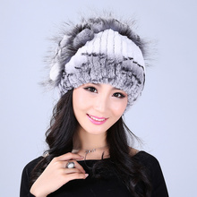 Winter fur hat for women real rex rabbit fur hat with silver fox fur flower knitted beanie 2016 new sale high-end women fur cap