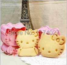 Free shipping 2PCS Hello Kitty shape mold sugar Arts set Fondant Cake tools Plastic cookie cutters kitchen accessories