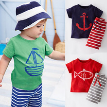 2016 Summer Boys Clothes Sets Kids Clothes Short-Sleeve Cartoon T-Shirt + Striped Pant Boys Clothing Set CF101
