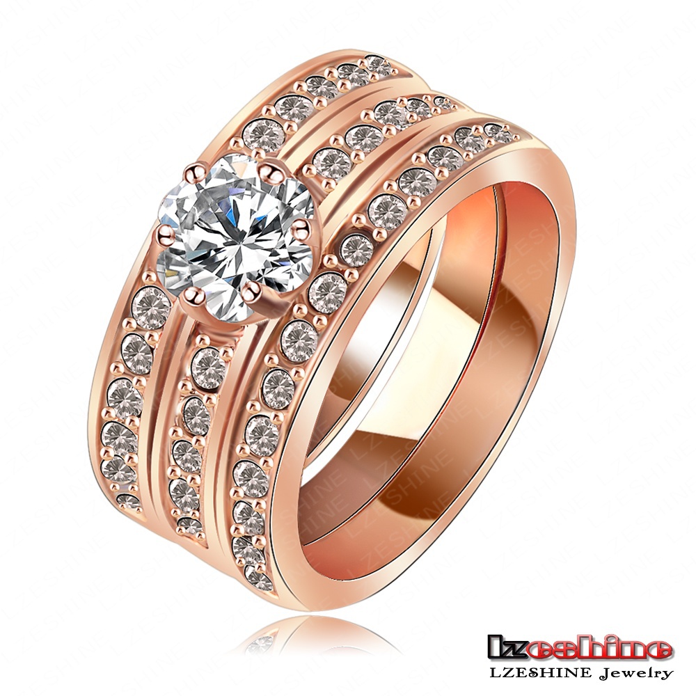 LZESHINE Brand New Promotion Engagement Knukle Rings Real 18K Rose Gold Platinum Plate 3 Layer Fashionable