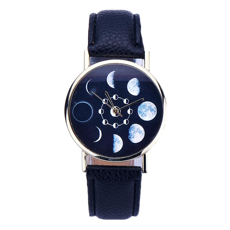 New Design Women watches Lunar Eclipse Pattern PU Leather band clock Analog Quartz Wrist Watch relogios