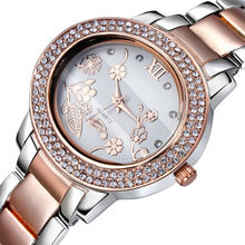 La última moda mujer Rhinestone de la alta calidad de la flor del Dial Crystal checa japón movimiento de cuarzo 18 K chapado en oro banda de Metal