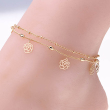 Double Rows Ankle Hollow Rose Flower Chain Anklet Foot Leg Chain Foot Jewelry for women Barefoot Beach jewelry woman