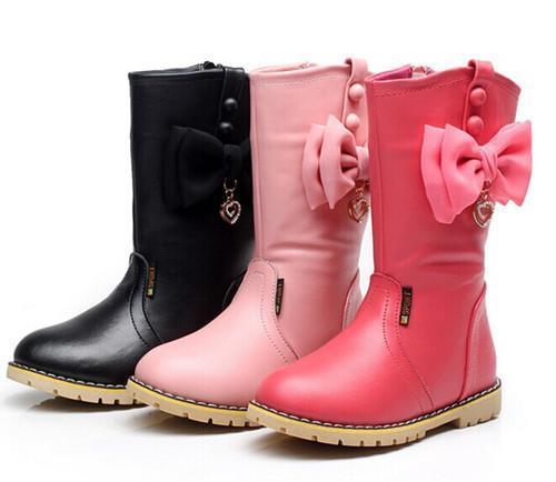 2015 New Coming Winter Boots Leather bow rhinestone princess Girls cotton padded shoes snow boots for Children Kids Baby Bow