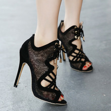 Woman gorgeous Sexy Mesh Lace Peep Toe Party open pumps ladies High Heel Party Shoes Plus Size Wedding black strap heels