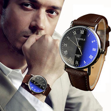 Yoner Luxury Fashion Brand Faux Leather Mens Watch Blue Ray Glass Analog Wristwatches Clock Men Horloges Mannen #30LR18