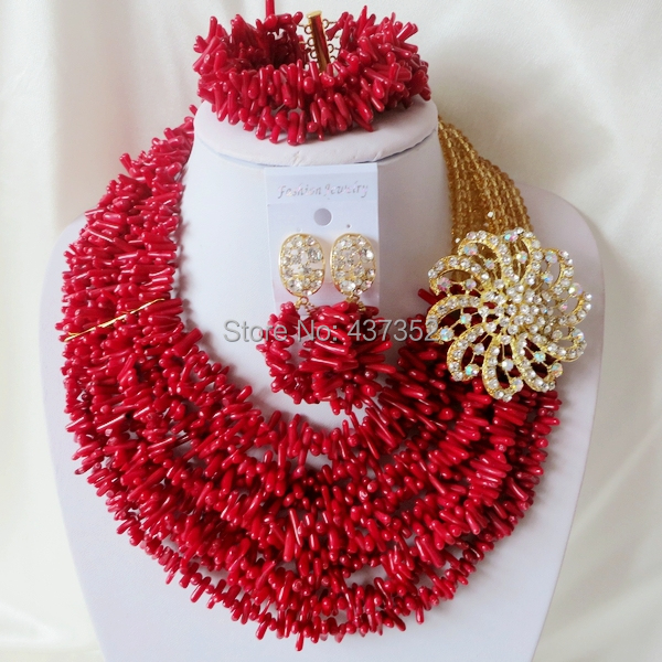Handmade Nigerian African Wedding Beads Jewelry Set , Champagne Gold Crystal Coral Beads Necklace Bracelet Earrings Set CWS-425